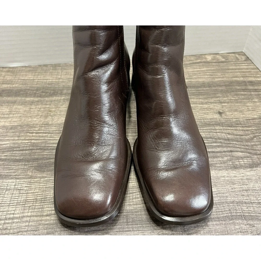 Bruno Valenti Romy Ankle Boot 8.5 Brown Leather Square Toe‎ Block Heel Zippers